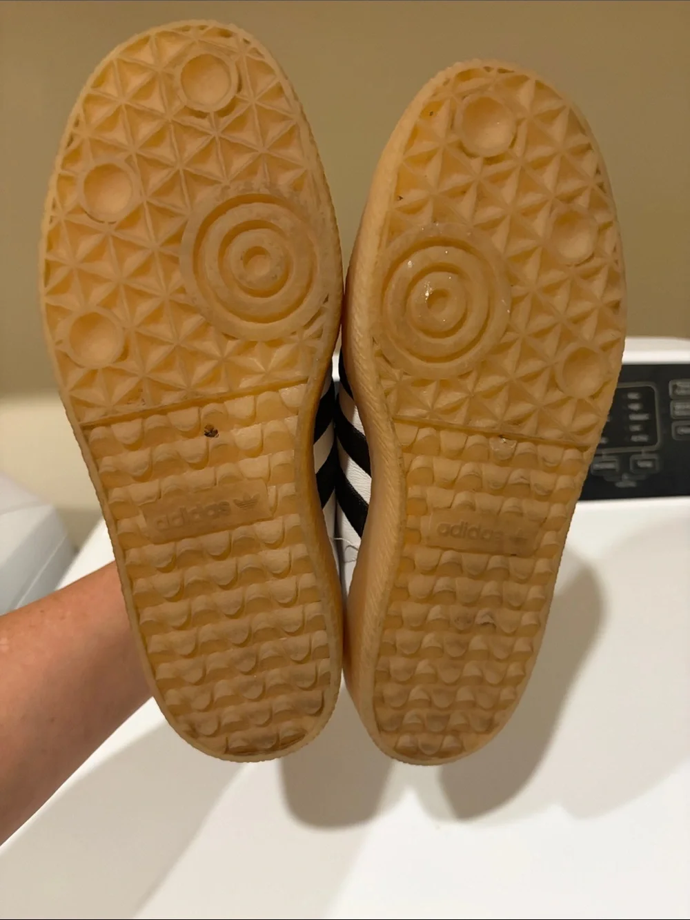 adidas White Sneakers with Black Stripes and Gum Sole
